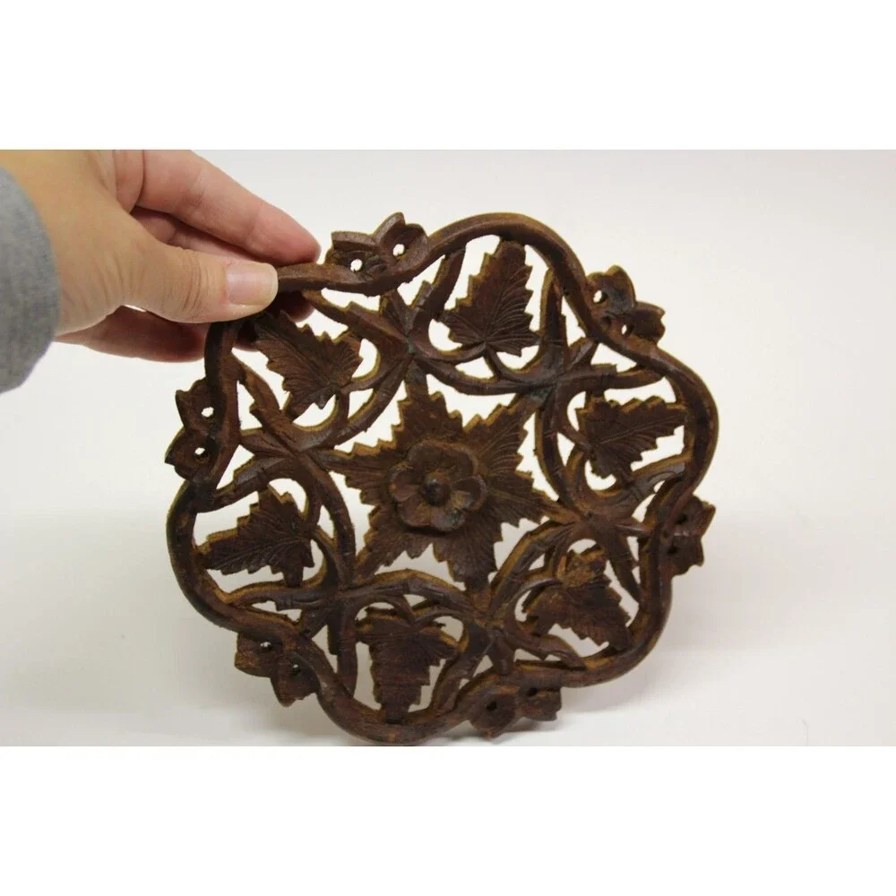 Vintage Boho India Hand Carved Wooden Trivet Decor Leaves Flower Mid-Century